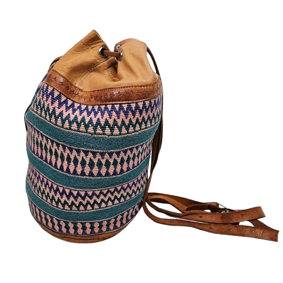 Vintage 90s‎ Pastel Bohemian Aztec Textile & Leather Backpack Bag - Picture 6 of 9